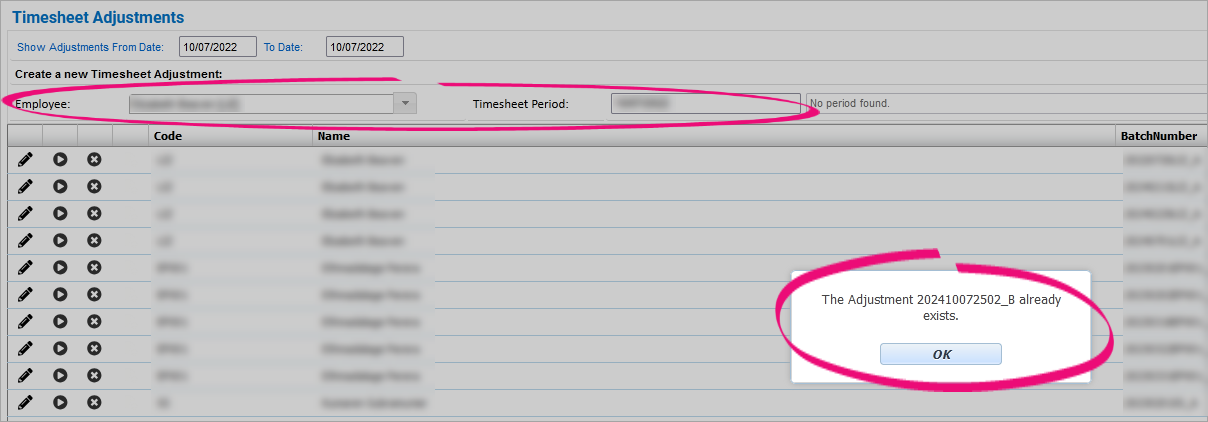 Timesheet Adjustments page with Employee and Timesheet Period filters and a message highlighted.png