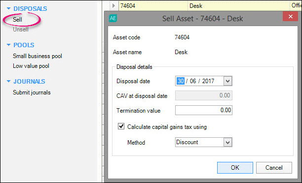 The sell asset window in the Taxation tab with the button Sell circled in the Tasks panel.