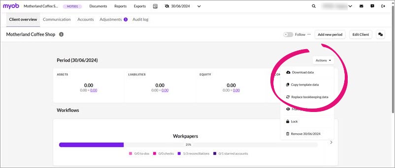 Actions button showing Replace bookkeeping data.jpg