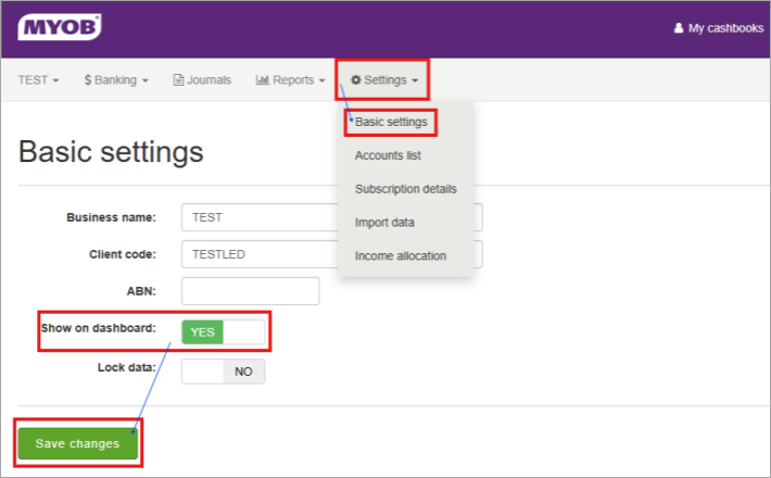 Settings menu with Basic settings highlighted and Show on dashboard toggle set to YES.png