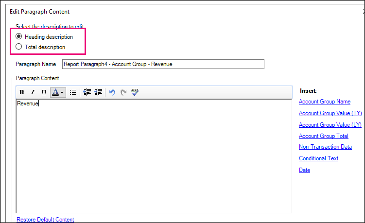 Edit Paragraph Content window with Heading description and Total description options highlighted.png