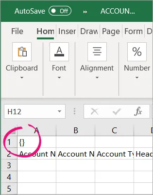 Template in Excel showing brackets in cell A1