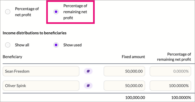 Income allocation workpaper with Percentage of remaining net profit option selected.png