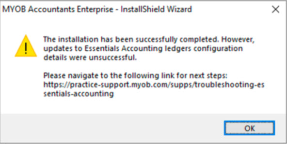 The installation has been successfully completed. However, updates to the Essentials accounting ledgers configuration were unsuccessful.