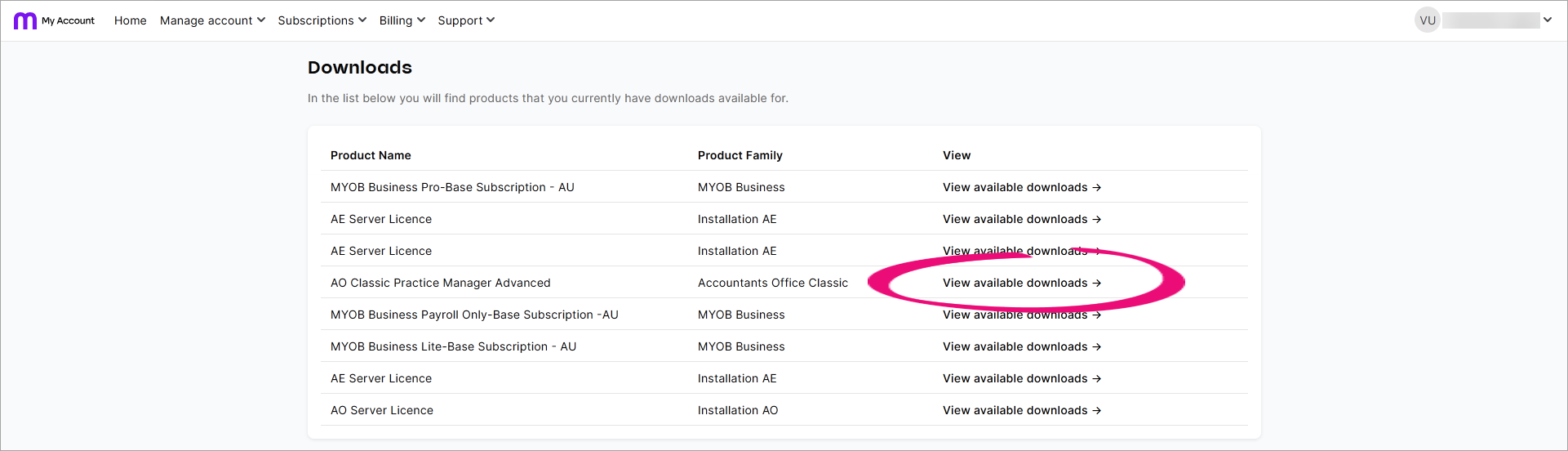 My Account Downloads page with View available downloads highlighted next to one of the listed products.png