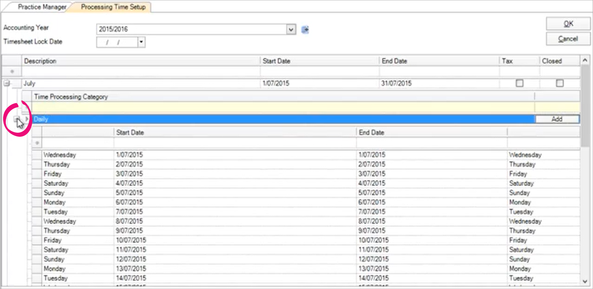 Daily + symbol expanded showing a list of days and dates for the month.png