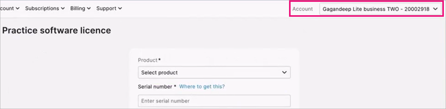 Account field on the top right of the Practice software licence page.png