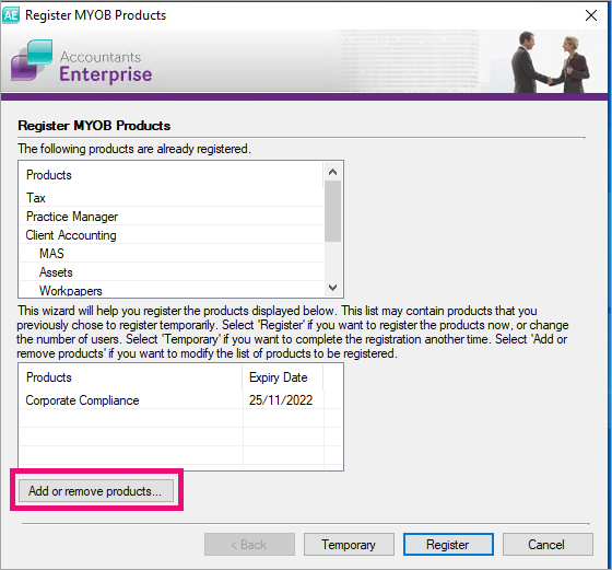 Register MYOB Products Add or remove products button highlighted.png