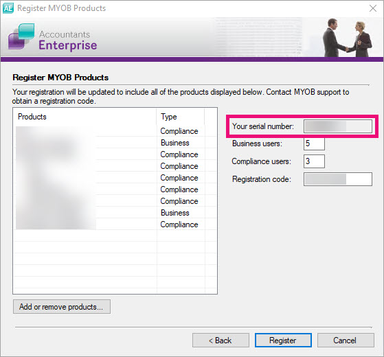 Your serial number highlighted in the Register MYOB Products window.jpg
