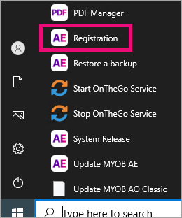 Registration in the Start menu.png