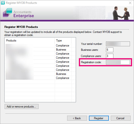 Registration code highlighted in the Register MYOB Products window.jpg